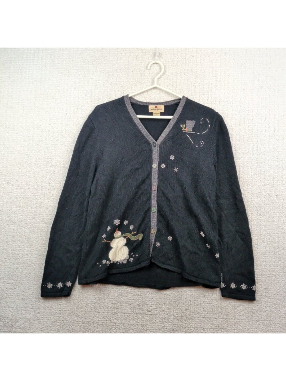 Vintage Woolrich Cardigan Knit Sweater Snowman Snowflakes Black Wom Sz L Cozy